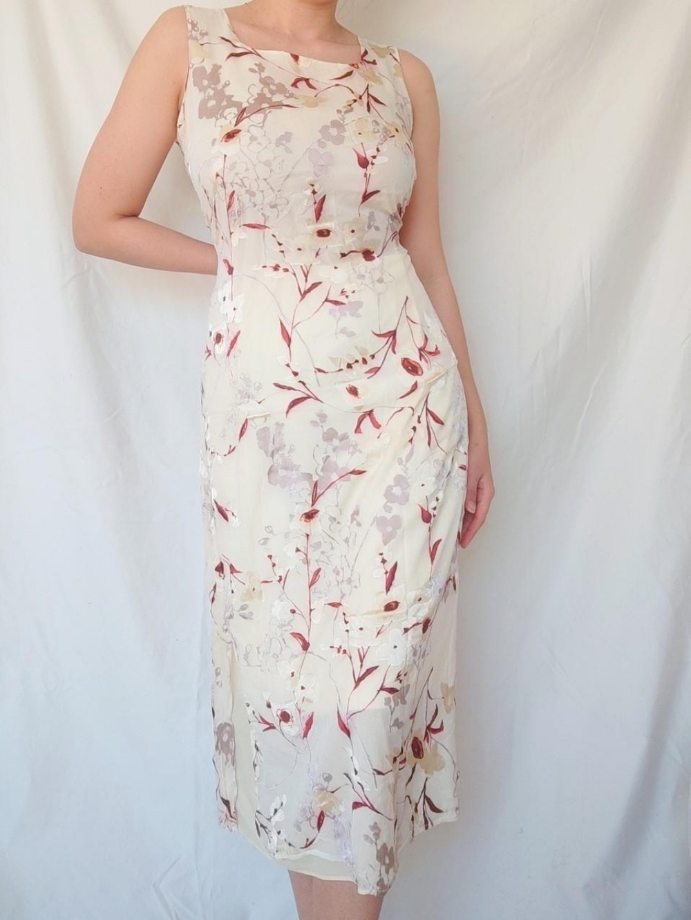 Vintage 90s Cream Yellow Floral Midi Thick Straps Summer Dress